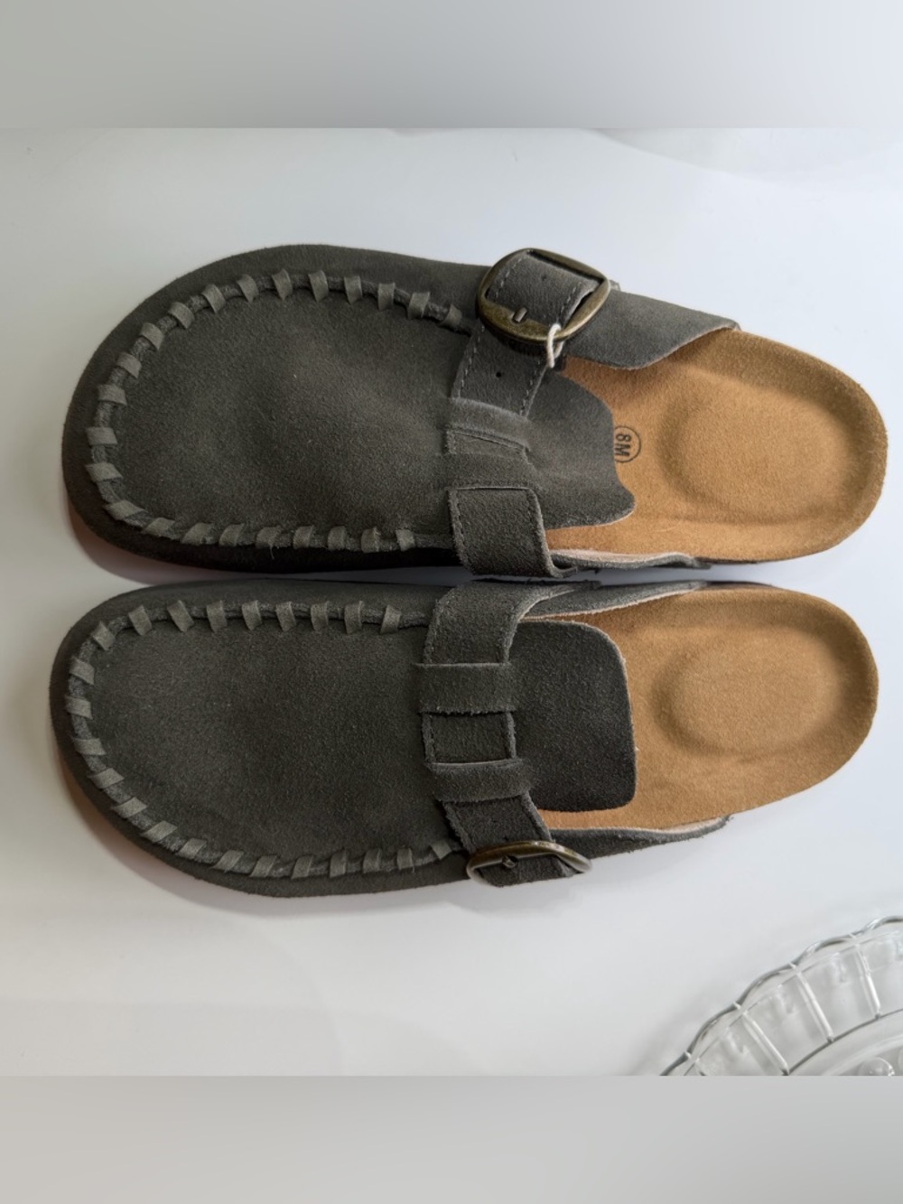 Women’s Moss Green Suede Slip-On Mules with Buckle.